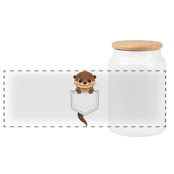 Cute otter peeking out of his pocket, - Panoramic Cookie Jar with Wooden Lid - white - Front