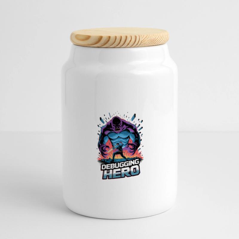 Debugging Hero – Epic Battle Against Code Monsters Panoramic Cookie Jar with Wooden Lid