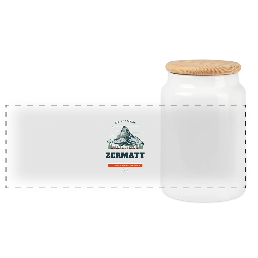 Zermatt badge on a panoramic cookie jar with wooden lid, white