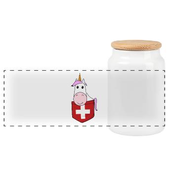 Einhorn Mädchen Kinder Schweiz Fahne Brusttasche - Panorama Keksdose mit Holzdeckel - Weiß - Vorne
