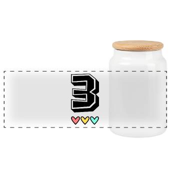 3 YEARS. 3rd ANNIVERSARY. BIRTHDAY 3 YEARS. 3 - Panoramic Cookie Jar with Wooden Lid - white - Front