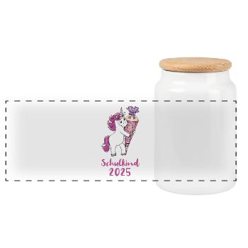 Unicorn with Sugar Cone School Enrollment School Child 2025 - Panoramic Cookie Jar with Wooden Lid - white - Front