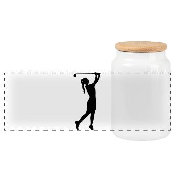 Golferin Silhouette, Golf Abschlag Damen Golf  - Panorama Keksdose mit Holzdeckel - Weiß - Vorne