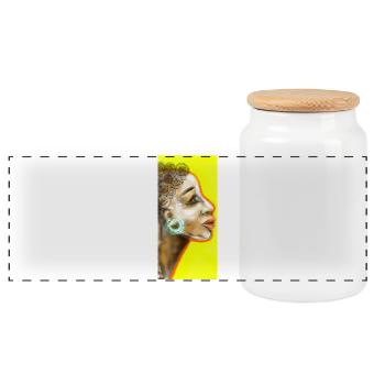 Künstlerisches Frauenportrait mit Spiralmuster - Panorama Keksdose mit Holzdeckel - Weiß - Vorne