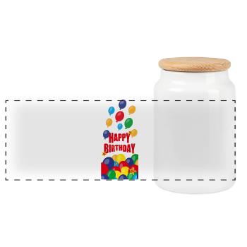 Happy Birthday mit vielen Luftballons. - Panorama Keksdose mit Holzdeckel - Weiß - Vorne