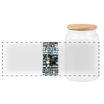 Fishing and Entlebucher Mountain Dog - Panoramic Cookie Jar with Wooden Lid - white - Front