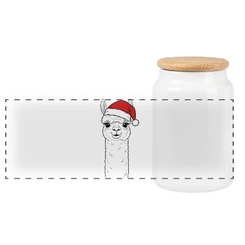 Christmas Alpaca with Hat - Panoramic Cookie Jar with Wooden Lid - white - Front