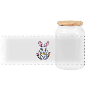 Bunny with flowers - Panoramic Cookie Jar with Wooden Lid - white - Front