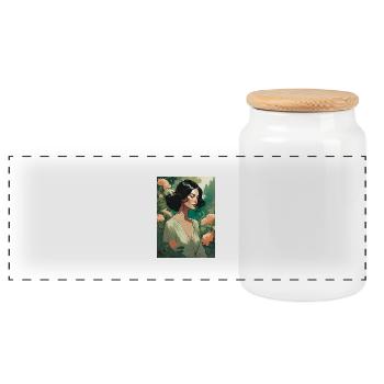 schwarzhaarige schöne Frau im Blumenfeld Geschenk - Panorama Keksdose mit Holzdeckel - Weiß - Vorne
