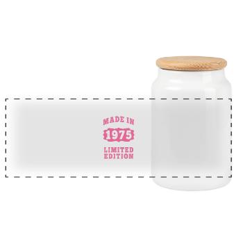 Vintage Born in 1975 made in 1975 50 years old. Art_20 - Panoramic Cookie Jar with Wooden Lid - white - Front