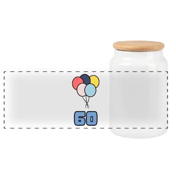 60. 60 JAHRE. 60-JÄHRIGES JUBILÄUM. GEBURTSTAG 60 JAHRE. - Panorama Keksdose mit Holzdeckel - Weiß - Vorne