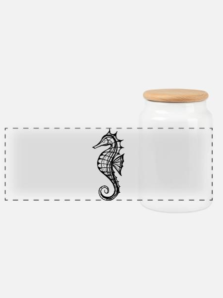 Seepferdchen – Line Art in Schwarz-Weiss - Panorama Keksdose mit Holzdeckel - Weiß