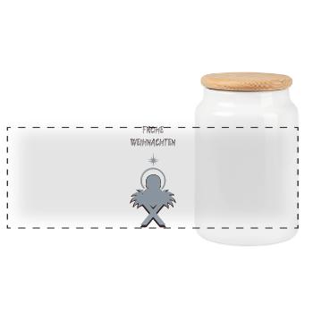 Jesus in the Manger Merry Christmas Text - Panoramic Cookie Jar with Wooden Lid - white - Front