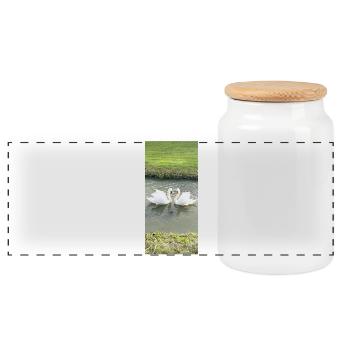 Swans by the water in morning light - Panoramic Cookie Jar with Wooden Lid - white - Front