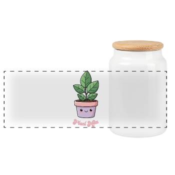 Plant Mom Kawaii Potted Plant - Panoramic Cookie Jar with Wooden Lid - white - Front