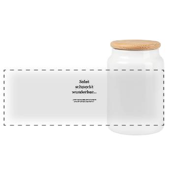 Salat schmeckt - schwarze Schrift - Panorama Keksdose mit Holzdeckel - Weiß - Vorne