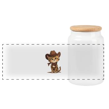 Cute Cowboy Cat - Panoramic Cookie Jar with Wooden Lid - white - Front