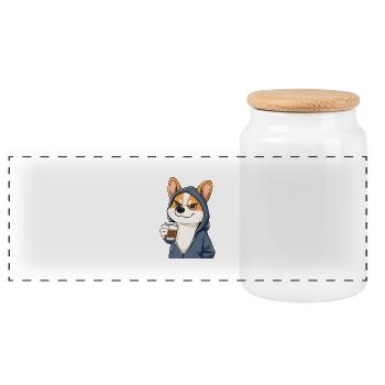Cool Corgi likes coffee - Panoramic Cookie Jar with Wooden Lid - white - Front
