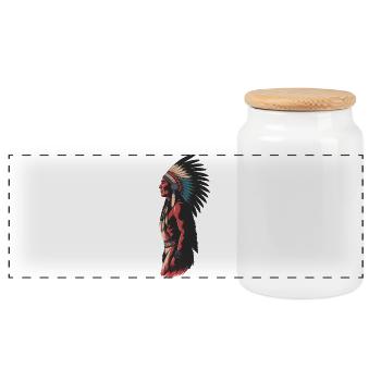 Native Headdress Art Illustration - Panoramic Cookie Jar with Wooden Lid - white - Front
