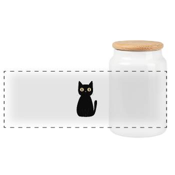 cute black cat - Panoramic Cookie Jar with Wooden Lid - white - Front