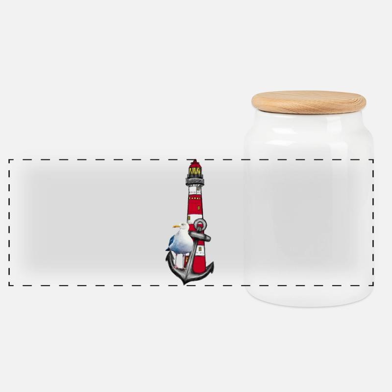 Leuchtturm Strandvogel Grafik Anker - Panorama Keksdose mit Holzdeckel - Weiß