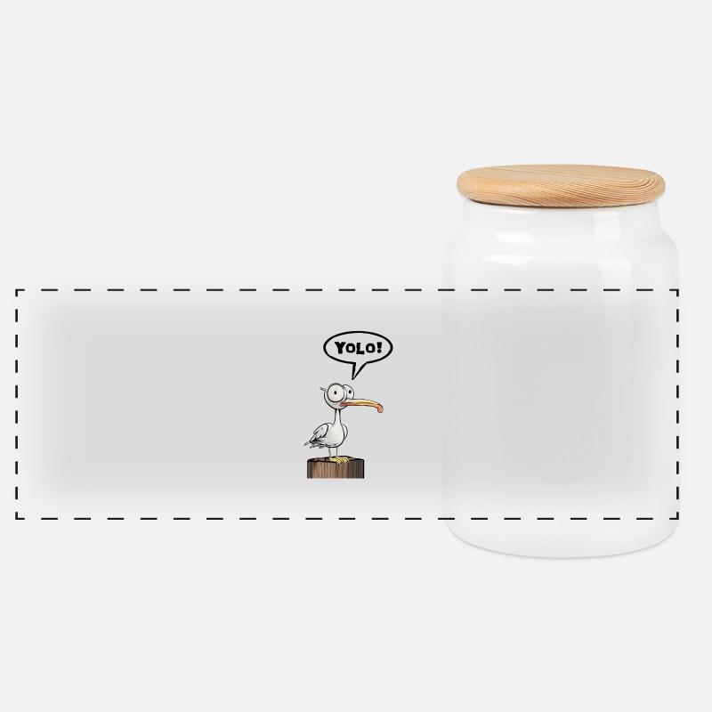 Möwe Sprechblase Yolo - Panorama Keksdose mit Holzdeckel - Weiß