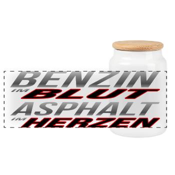 Benzin im Blut, Asphalt im Herzen - Panorama Keksdose mit Holzdeckel - Weiß - Vorne