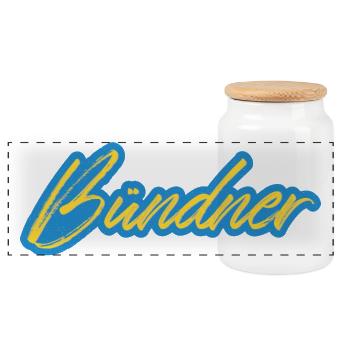 Bündner Schriftzug gelb-blau - Panorama Keksdose mit Holzdeckel - Weiß - Vorne