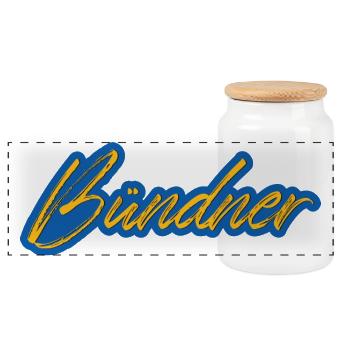 Bündner Schriftzug gelb-blau stilisiert - Panorama Keksdose mit Holzdeckel - Weiß - Vorne