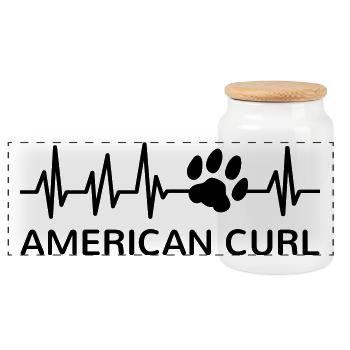 American Curl Cat Heartbeat Paw Print - Panoramic Cookie Jar with Wooden Lid - white - Front