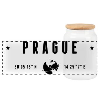 Prague GPS Coordinates Czech Republic - Panoramic Cookie Jar with Wooden Lid - white - Front