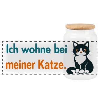 Ich wohne bei meiner Katze – Lustiges Katzenmotiv  - Panorama Keksdose mit Holzdeckel - Weiß - Vorne