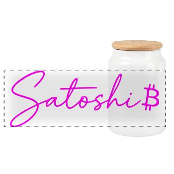Satoshi Neon Schriftzug Bitcoin Script Pink - Panorama Keksdose mit Holzdeckel - Weiß - Vorne