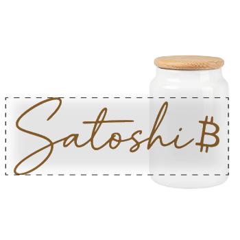 Satoshi Bitcoin Schriftzug Design Gold - Panorama Keksdose mit Holzdeckel - Weiß - Vorne
