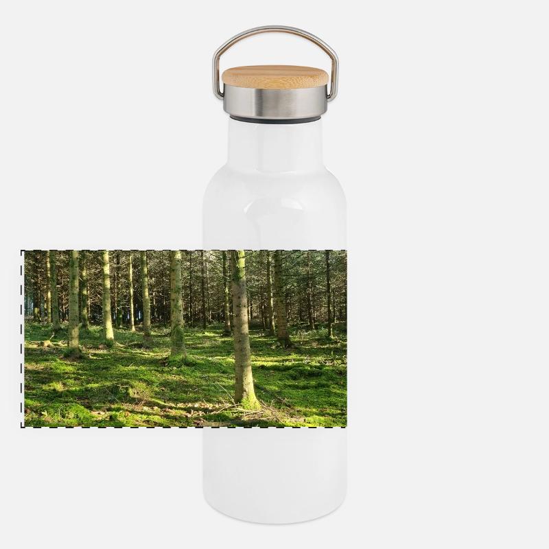 Lichter Waldlandschaft Druckdesign Panorama Thermosflasche mit Bambusdeckel