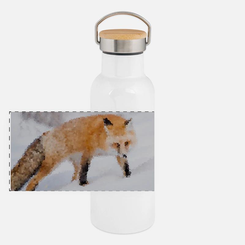 Fuchs im Schnee Aquarell Panorama Thermosflasche mit Bambusdeckel