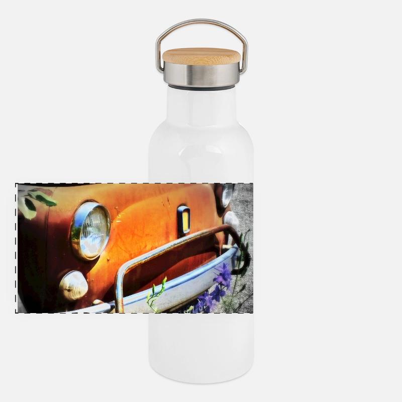 Rostiges Oldtimer Front Design Panorama Thermosflasche mit Bambusdeckel