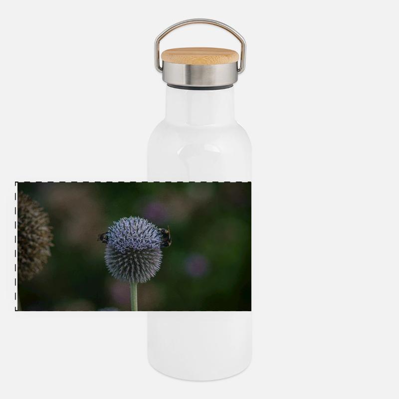 Bees on Purple Globe Thistle Panoramic Thermal Bottle with Bamboo Lid
