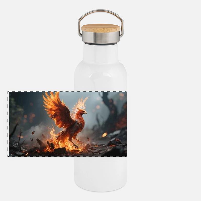 Feuerphönix Aufstieg Panorama Thermosflasche mit Bambusdeckel