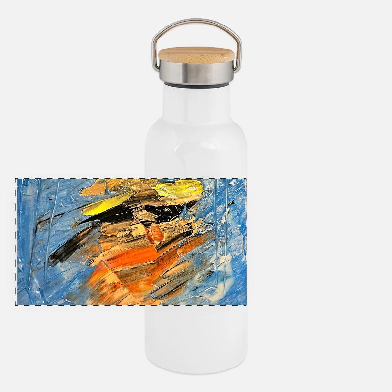 Blauer Farbwirbel im Orange Panorama Thermosflasche mit Bambusdeckel