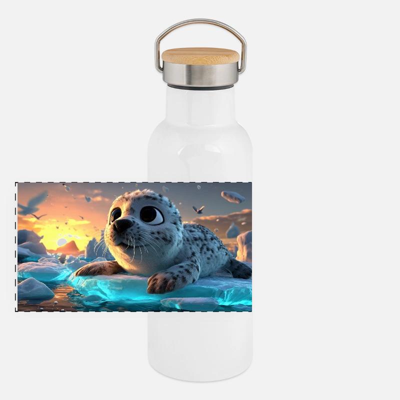 Bébé phoque mignon sur la banquise Gourde isotherme avec bouchon en bambou
