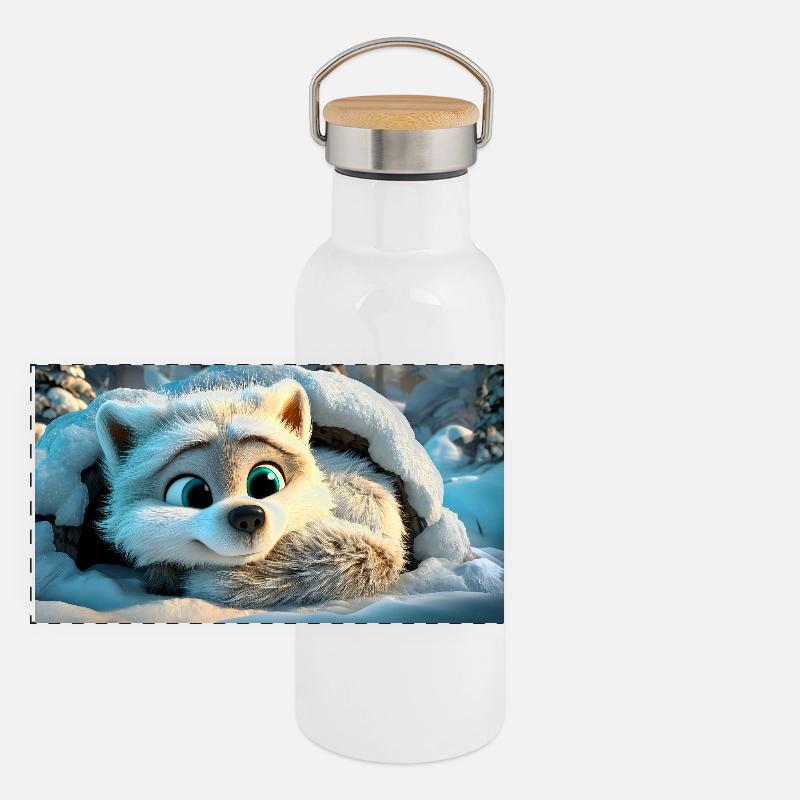 Fluffy arctic fox in the snow Panoramic Thermal Bottle with Bamboo Lid