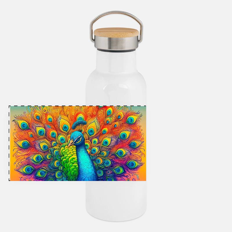 Pfau Panorama Thermosflasche mit Bambusdeckel