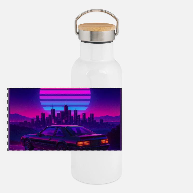 Neon Outrun Sunset Car – Synthwave rétro Gourde isotherme avec bouchon en bambou