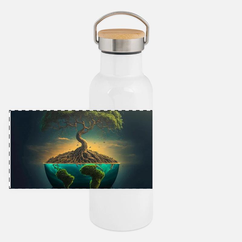 Arbre-Monde : Arbre sur une demi-sphère Gourde isotherme avec bouchon en bambou