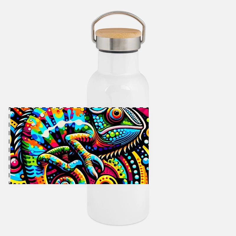 Chamäleon Pop Art Panorama Thermosflasche mit Bambusdeckel