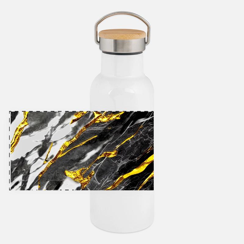 Marmor Optik Schwarz Gold Panorama Thermosflasche mit Bambusdeckel