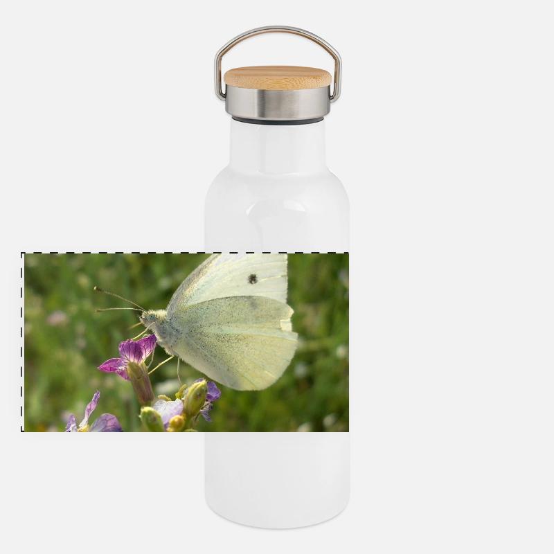 Papillon blanc sur fleur rose Gourde isotherme avec bouchon en bambou