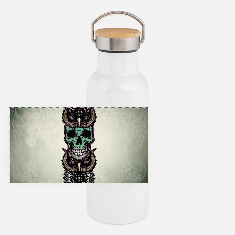 Totenkopf mit Eule Panorama Thermosflasche mit Bambusdeckel