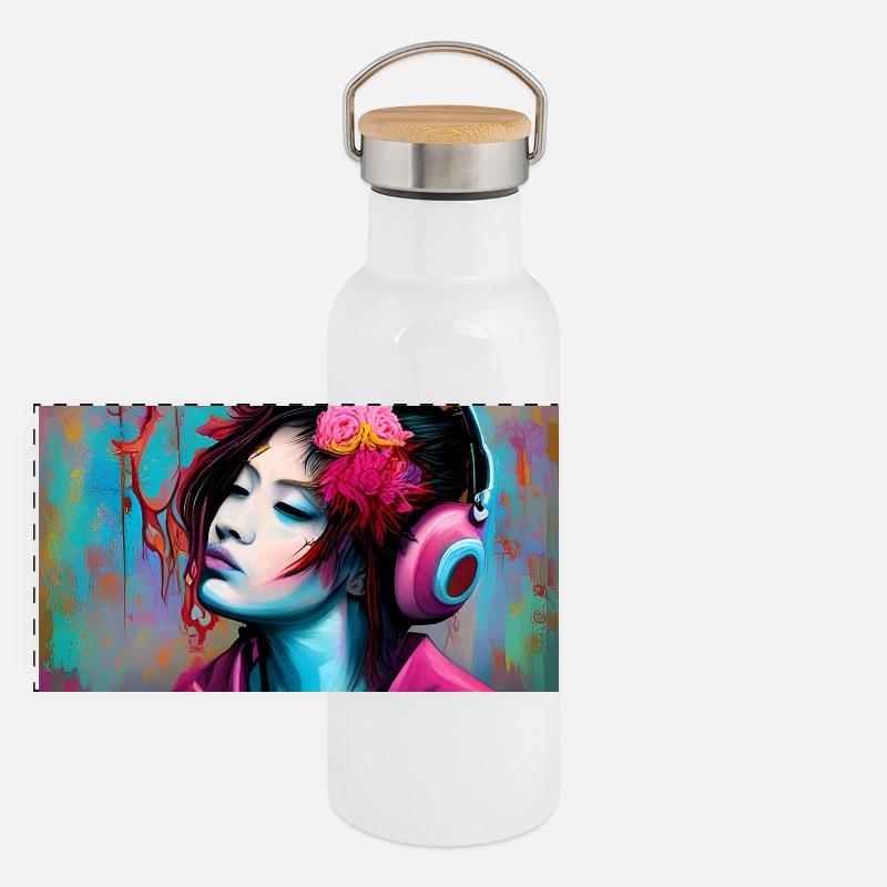 Portrait au néon avec casque Gourde isotherme avec bouchon en bambou